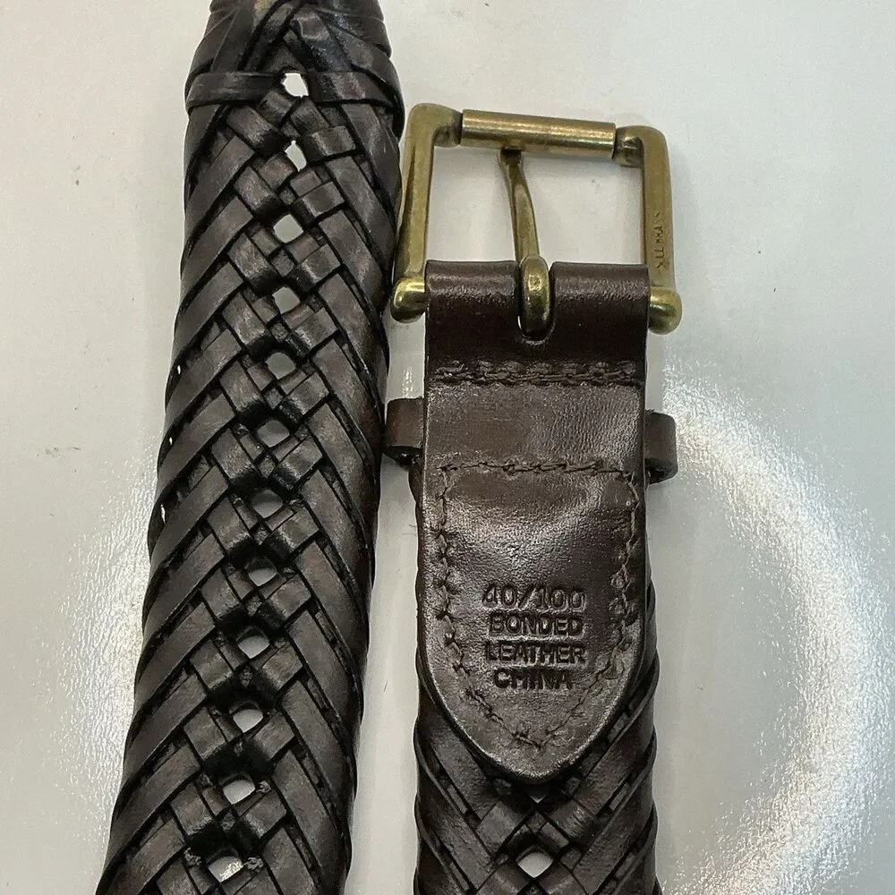 Vintage Nautica Belt Braided/Woven Brown Leather Solid Brass Buckle Size 40